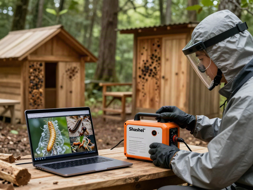Traitement du bois avec Shashel® pour éliminer les insectes xylophages dans une forêt, utilisant des technologies écologiques.