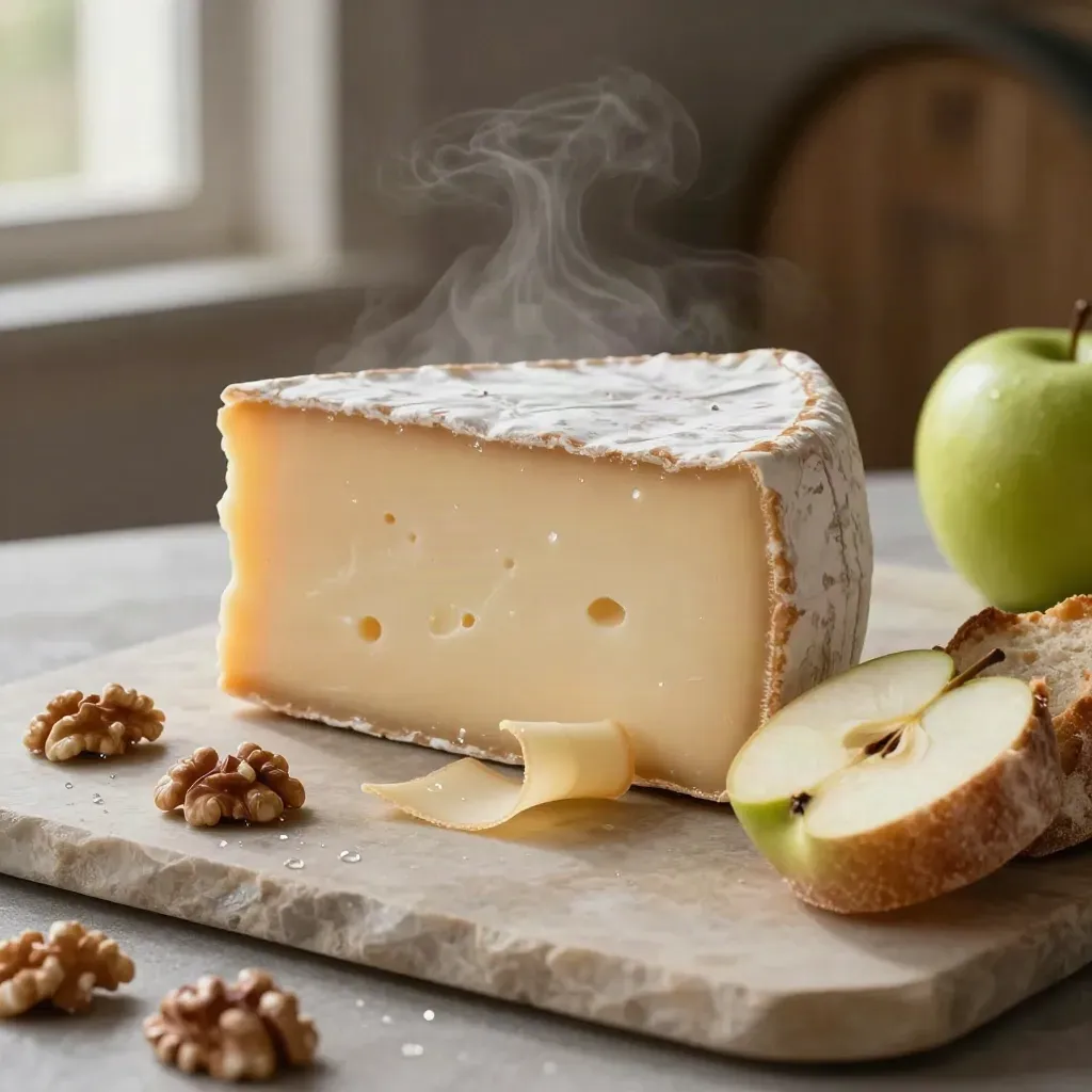 Quart de Comté affiné avec copeaux, noix, pomme verte et pain sur pierre humide.