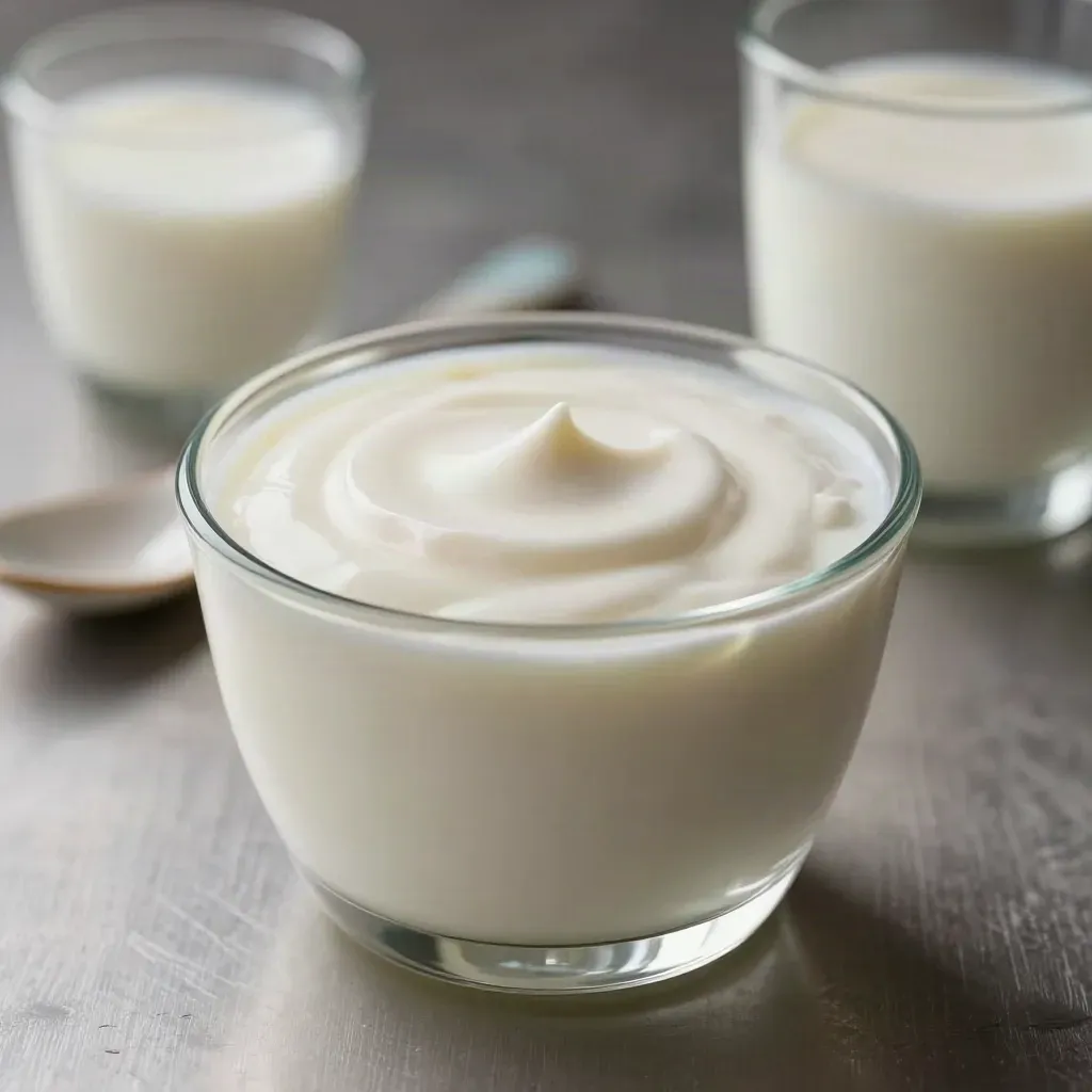 Gros plan d’un pot de yaourt fermier en verre avec cuillère et verre de lait.