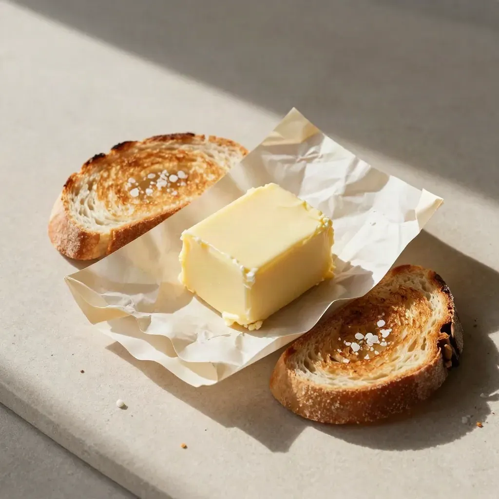 Beurre de baratte doux coupé sur parchemin froissé avec pain grillé et fleur de sel.