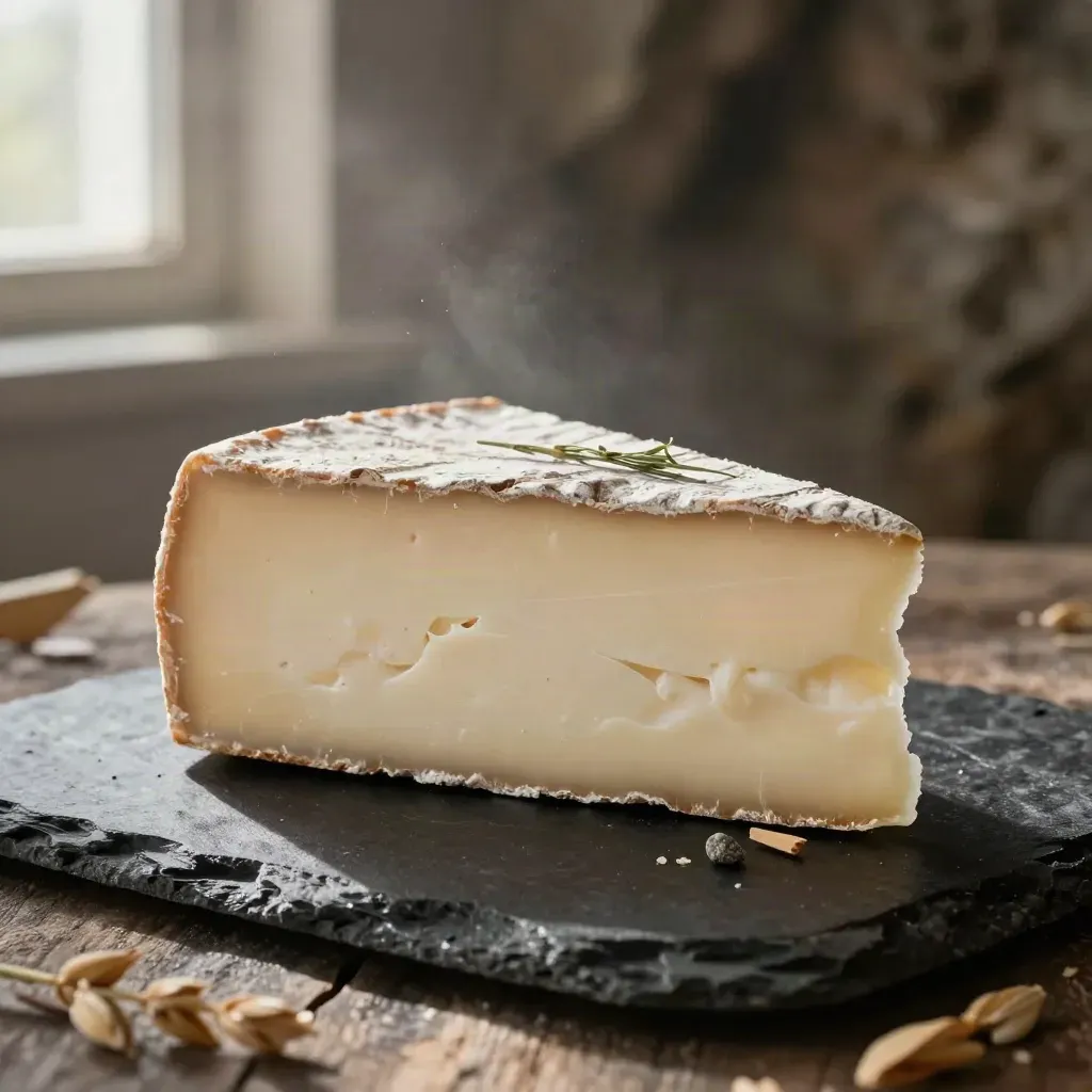 Tomme de montagne entière sur roche mouillée, avec herbe sauvage, éclat de bois et légère bruine.