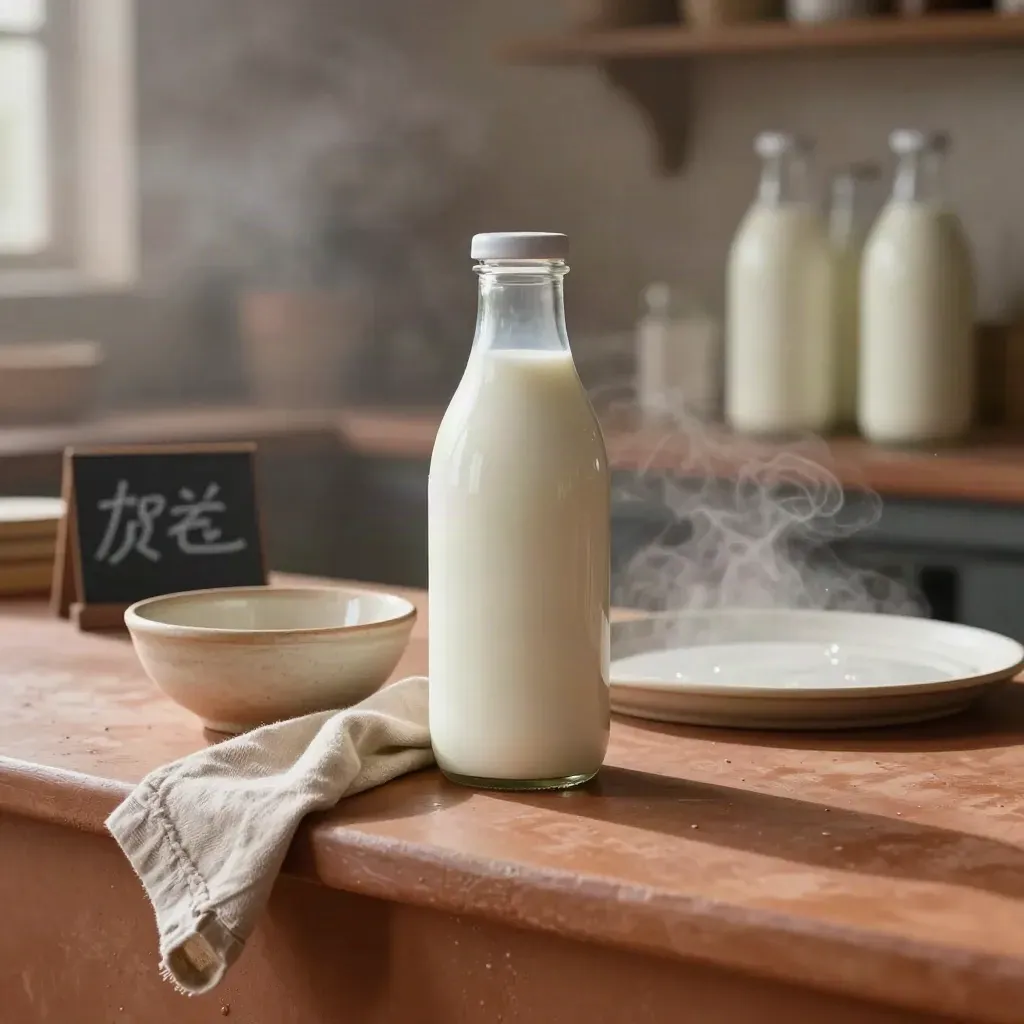 Bouteille de lait cru, bol en grès et linge clair sur un comptoir en terre cuite.