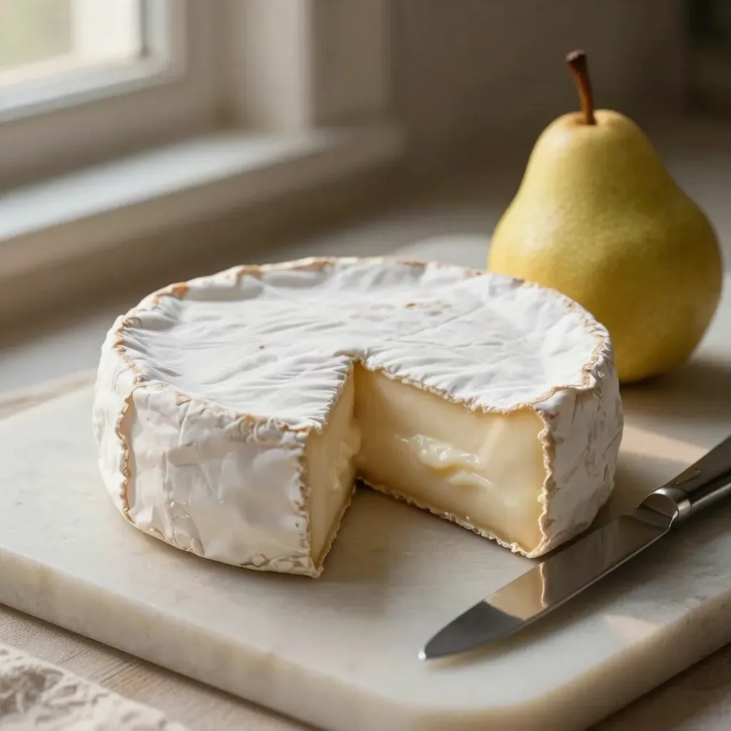 Brie fermier crémeux ouvert avec poire et couteau sur travertin clair.