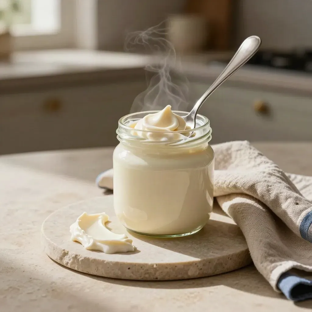 Pot de crème fraîche épaisse, grande cuillère, assiette pâle et linge de cuisine.
