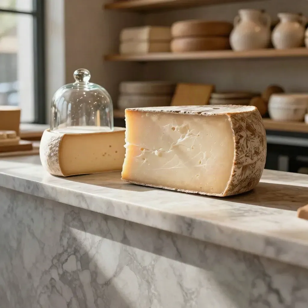 Comptoir fromager en marbre clair, fromages tranchés, cloches en verre floues et lumière du matin.
