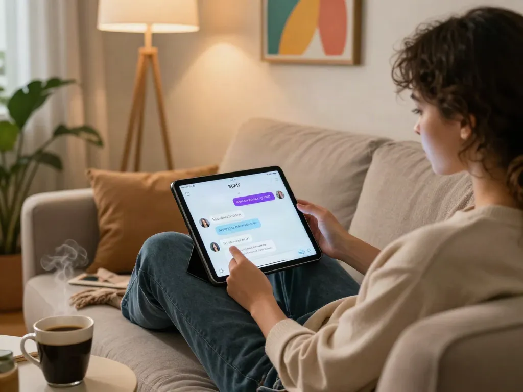 Engaging nsfw ai chat experience on a tablet in a cozy home setting.