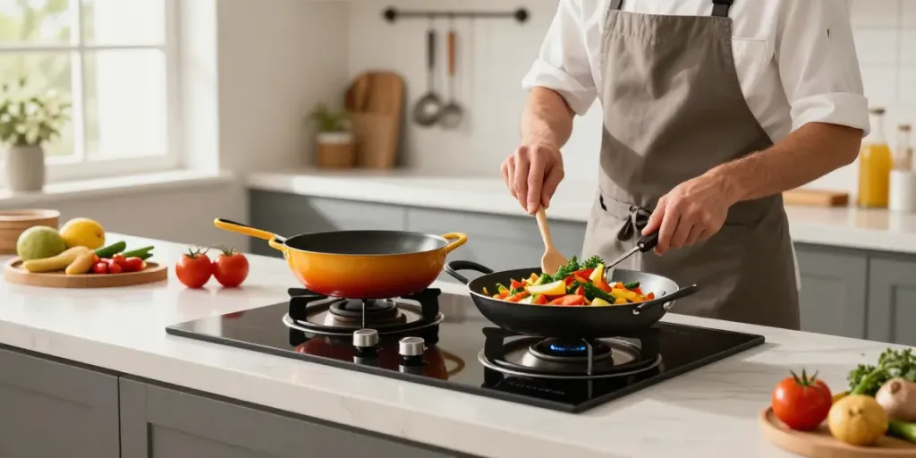 Plaque vitrocéramique en utilisation dans une cuisine moderne avec des légumes frais en préparation.