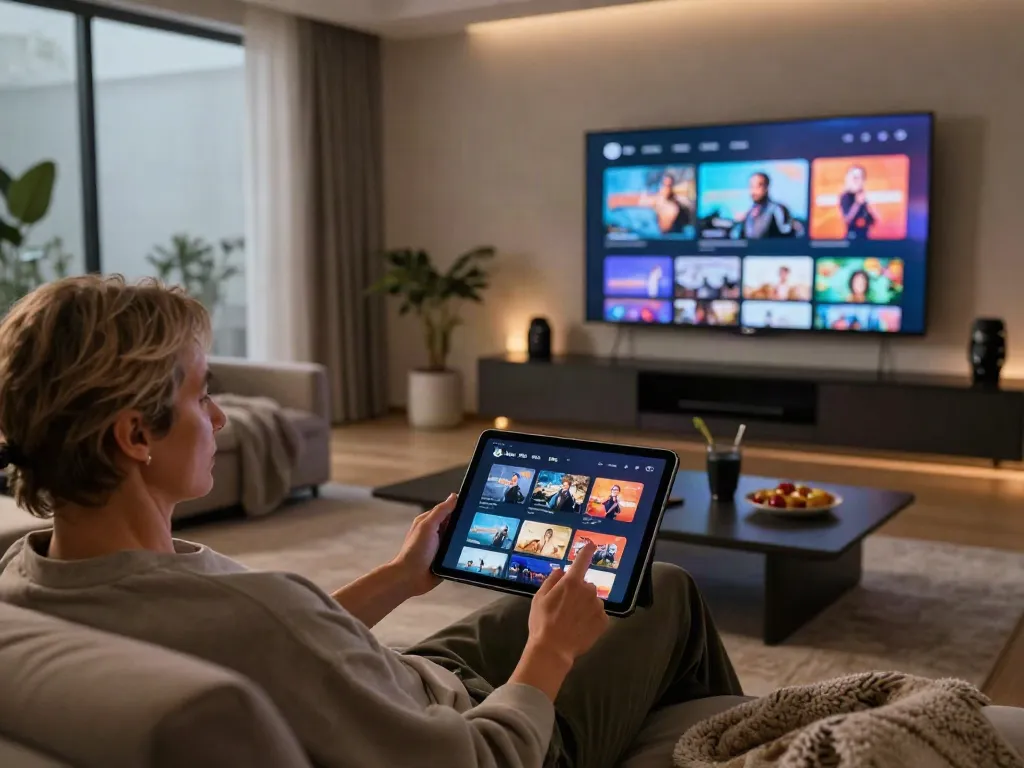 Utilisation de l'application Atlas Pro ONTV sur une tablette dans un salon moderne et confortable.
